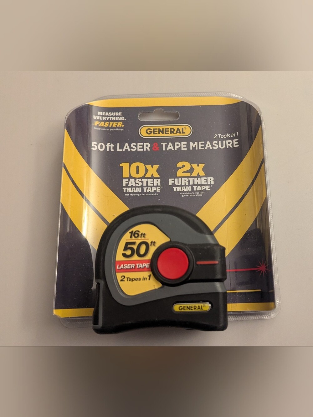 2-In-1 50 FT Laser & 16 FT Tape Measure. New, In Original Packaging. Unopened.